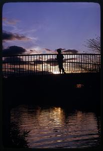 Jogger, sunset & Charles River Embankment bridge, Boston