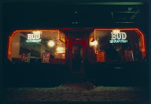 Neon-lit F & T Diner on snowy night, Kendall Square, Cambridge