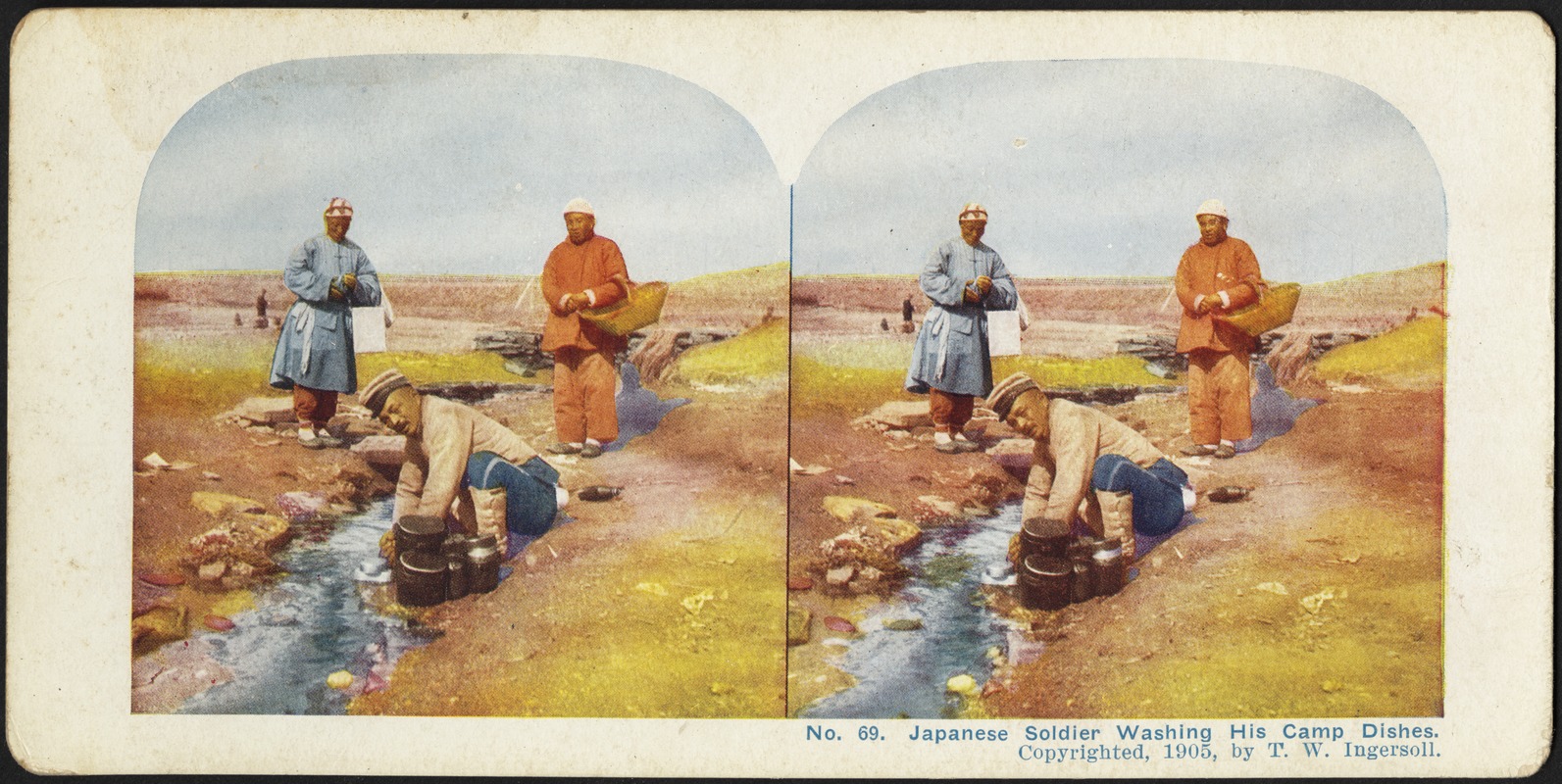 Japanese soldier washing his camp dishes