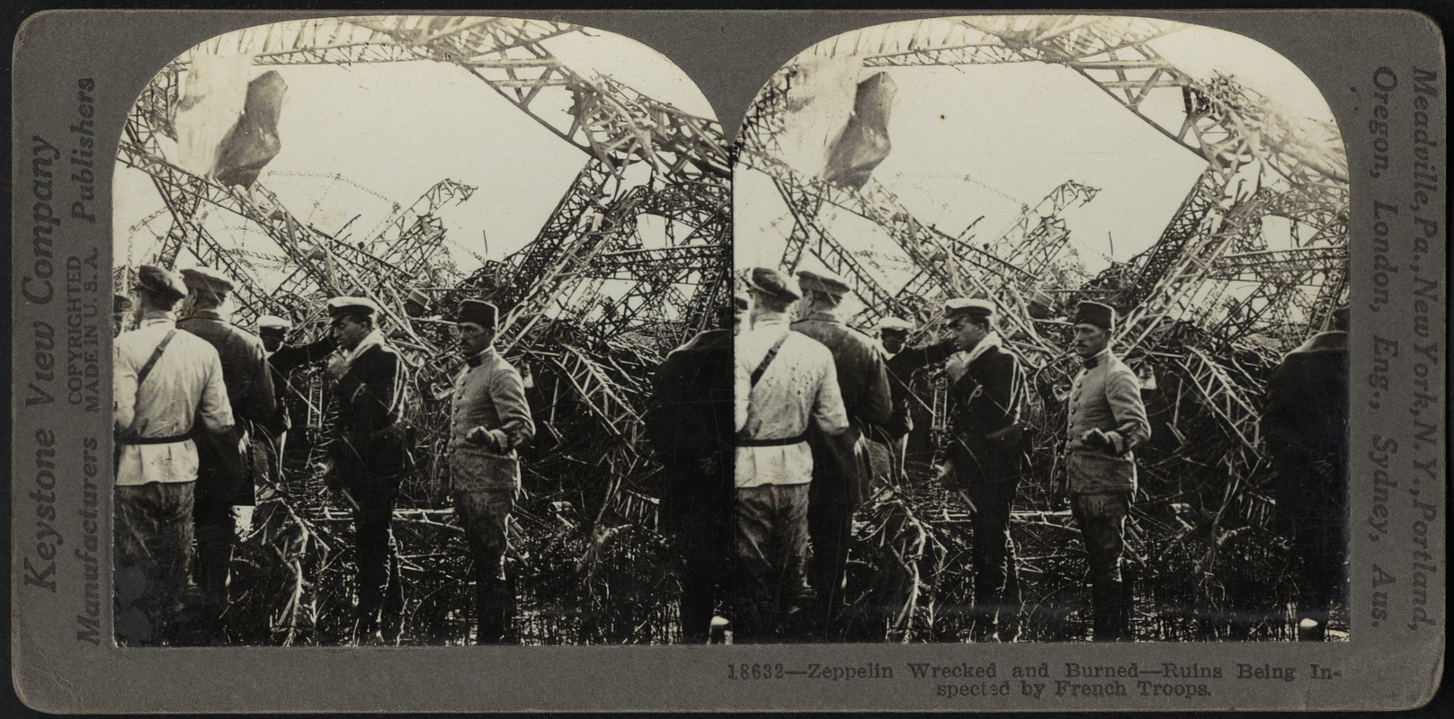 French troops inspecting a wrecked zeppelin