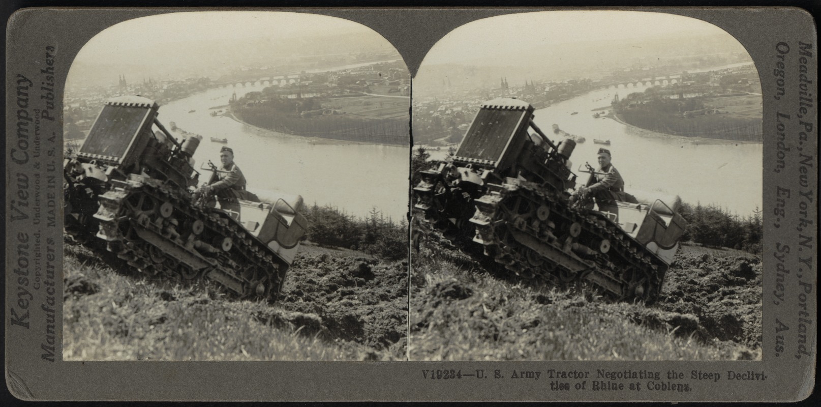 U.S. army tractor ascending Rhine bank near Coblenz