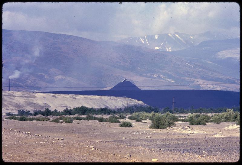 Mountains with utility lines and chimney stack in foreground, Anaconda ...