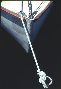 Detail of sailboat bow and mooring rope, Community Boating, Charles River