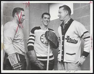 Don Simmons (center), new goaltender acquired by Bruins. is flanked by Capt. Ferny Flaman (left) and Coach Milt Schmidt after today's workout at Harvard's Watson rink.