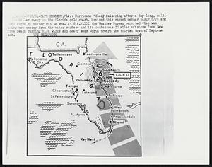 Hurricane "Cleo", faltering after a day-long, multimillion dollar sweep up the Florida gold coast, bruised this rocket center early 8/28 and showed signs of moving out to sea. At 6 A.M. EDT the Weather Bureau reported Cleo was drawing new energy from the water surface and its center was 20 miles offshore from New Myrna Beach pushing high winds and heavy seas North toward the tourist town of Daytona Beach.