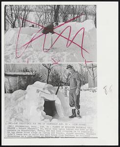 Stockbridge, Mass. - Plenty Of Building Material This Season - Robert Chassell, 16, built this igloo behind the home of his parents in Stockbridge, mass., and has been sleeping in it regularly. At top shows first stage in laying out blocks, tipped inwards. Chassell didn't learn how to build his snow house from Eskimos, he followed directions in a 1946 issue of Natural History magazine.