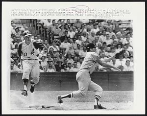 Cleveland, O.: Indians Max Alvis beats out an infield hit in 4th inning of Cleveland-Boston game here 7/18. Red Sox 1st baseman Lee Thomas received throw, too late, from 2nd baseman Felix Mantilla. Red Sox won, 4-1.