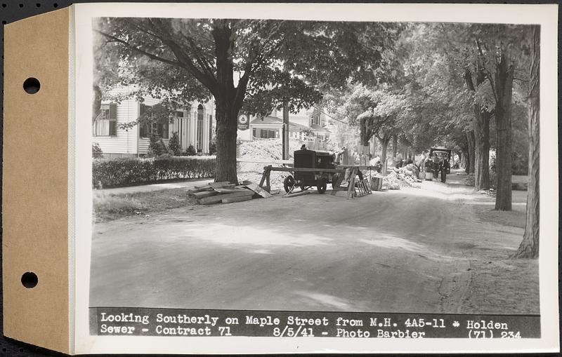 Contract No. 71, WPA Sewer Construction, Holden, looking southerly on Maple Street from manhole 4A5-11, Holden Sewer, Holden, Mass., Aug. 5, 1941