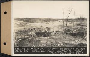 Contract No. 96, Chlorine Storage House and Equipment and Chlorinating Equipment for Gate House at Norumbega Reservoir, Weston, looking southeast showing work on chlorine storage house site, chlorinator house, Weston, Mass., Apr. 23, 1940