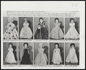 How Past First Ladies Dressed at Inaugural Ball-- These dolls wear replicas of the gowns worn by wives of past U.S. presidents at their Inaugural Balls. They are part of a collection made by Mrs. Ralph Simester, of Urban, Ohio. Mrs. George Washington. Mrs. James Madison. Mrs. Abe Lincoln Mrs. Grover Cleveland. Mrs. Ted Roosevelt. Mrs. William Taft. Mrs. Woodrow Wilson. Mrs. Herbert Hoover. Mrs. F.D. Roosevelt. Mrs. John Kennedy.