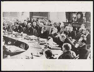 Photo shows a study in expressions during the reading of the German delegate's speech at the special session held regarding Germany's re-occupation of the Rhine. Left to right-Senor Madariaga, of Spain: Signor Grandi, Italy; M. Flandin, France; Mr. Stanley Bruce, Australia; M. Avenol, Secretary General of the League; Mr. Anthony Eden, Great Britain; M. Litvinoff, Soviet Russia; and Colonel Beck, Poland. Meeting took place at St. James' Palace, London.