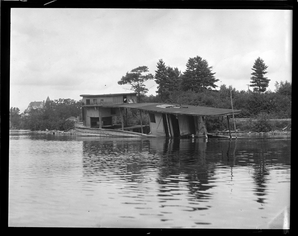 Boat wrecked in old historic canal, Songo River, ME