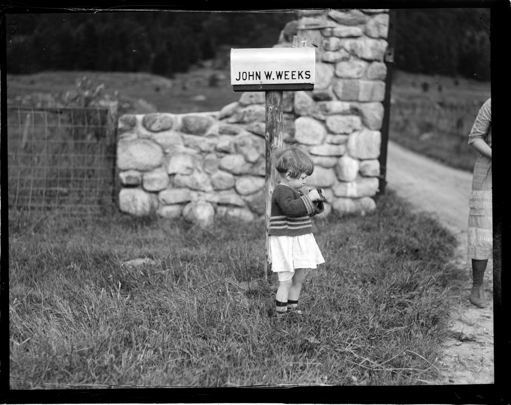 Little girl next to Secretary Weeks mail box at Mt. Prospect in Lancaster, N.H.