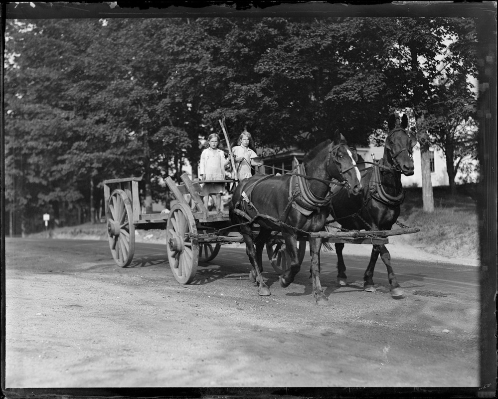 Mary and Margaret O'Brien driving horse cart in Wilmot Flat, N.H ...