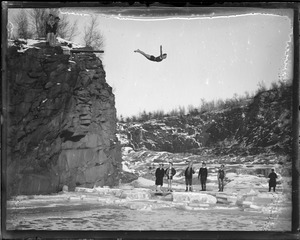 Brownies diving into icy water, Manchester, N.H.