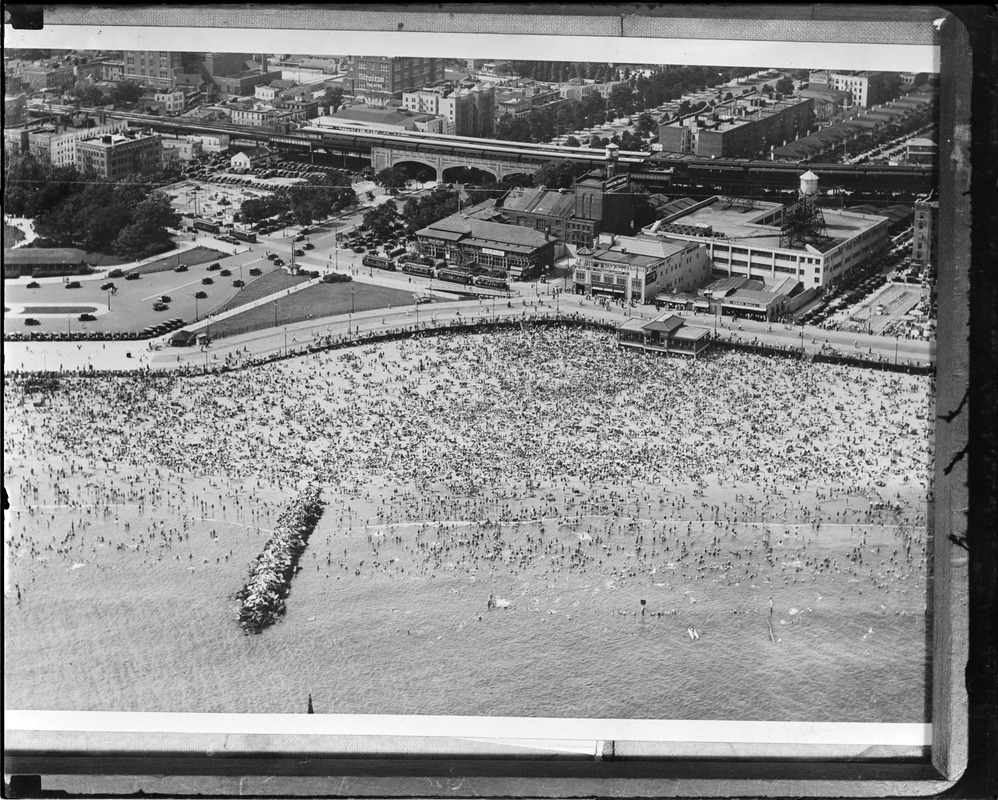 Coney Island, N.Y. beach goers from an aeroplane