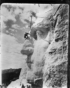 Gigantic work of George Washington cut out of Rock by Gutzon Borglum, sculptor in the Black Hills of South Dakota