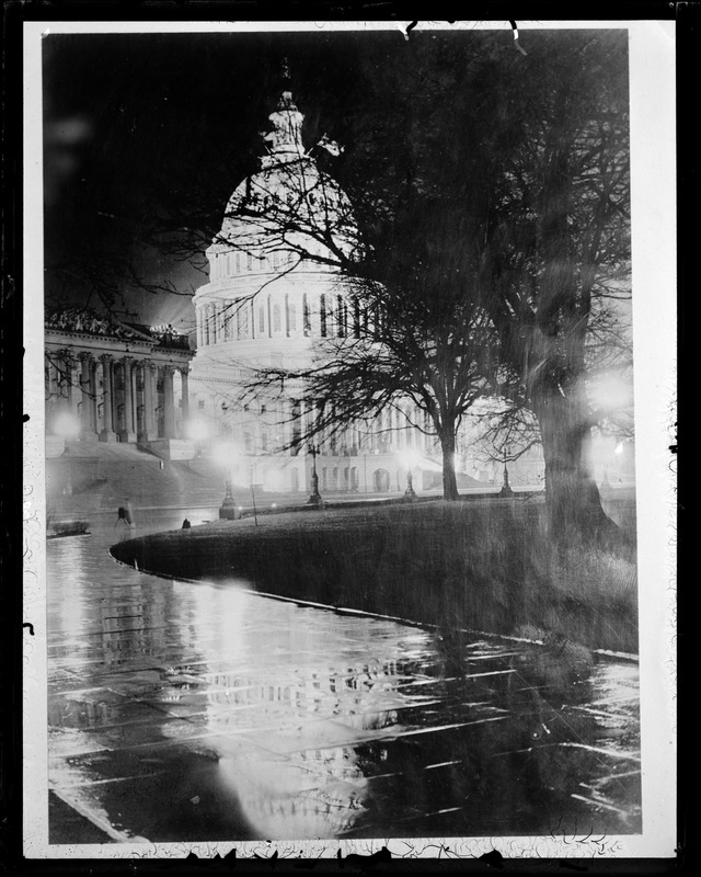 U.S. capitol on rainy night