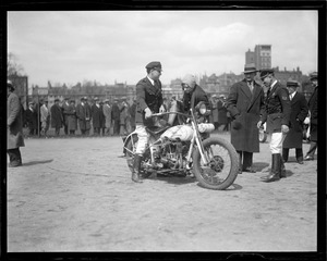 Mexican cossacks here in Boston - the girl getting off the cycle is Miss Jerry Lach of North Cambridge