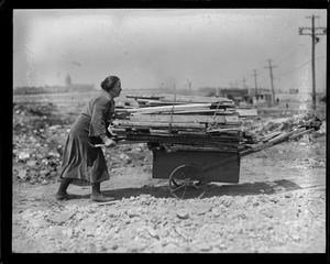 Woman collecting pieces of wood