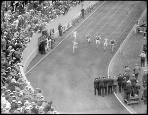 Finish of 100 meter race at Olympic trials at Harvard Stadium