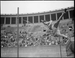 Champion high jumper Spitz at I.C.A. track meet, Harvard Stadium