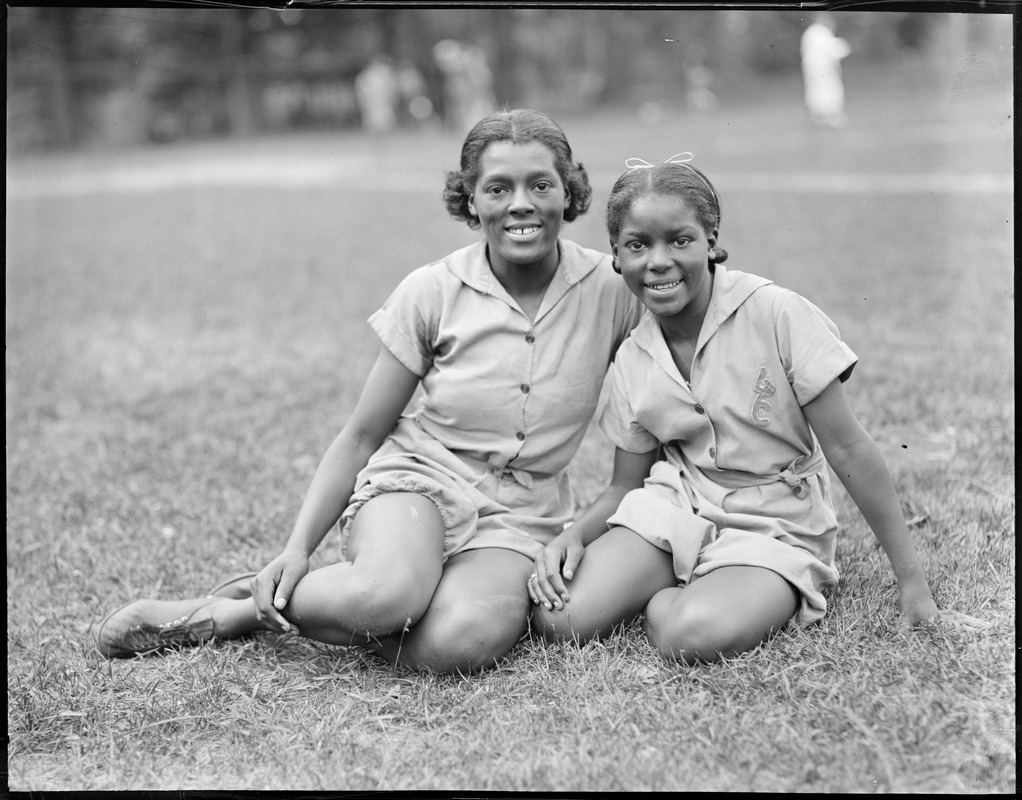 Runners Louise, left, and Agnes Stokes at Norumbega track meet (African-American)