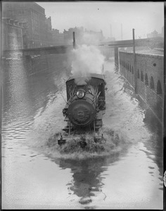New Haven R.R. , Loco 502, near Back Bay - high water on tracks