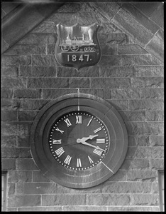 North Station detail showing clock and detail of 1847 locomotive