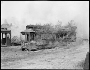 Street car burned for scrap, Forest Hills car barn