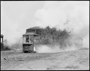 Street car burned for scrap, Forest Hills car barn