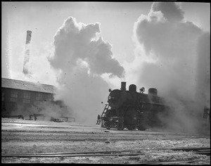 Steam train during blizzard, South Station