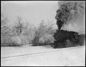 Steam train chugging through snow, Abington