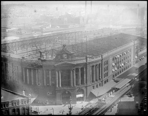 Bird's eye view of South Station showing the train shed being torn down