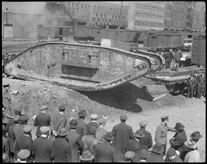 British tank Britannia arrives in Boston for big Liberty Loan Drive, WWI era