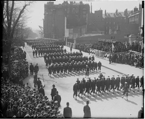 Secretary Daniels on reviewing stand in front of State House as Blue Jackets march by during Liberty Loan parade