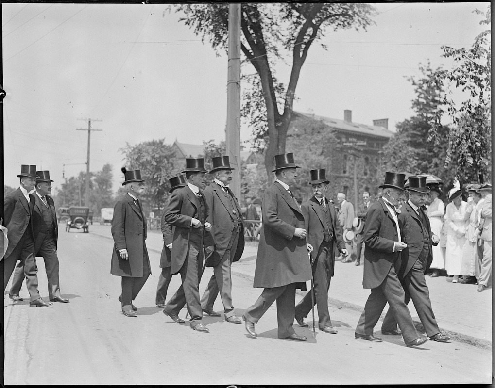 Procession of prominent men at Harvard led by Pres. Lowell and ex-president Elliott after war was declared on Germany.