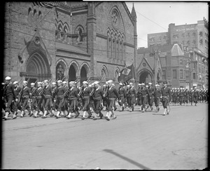 Sailors parade past new Old South Church on Boylston