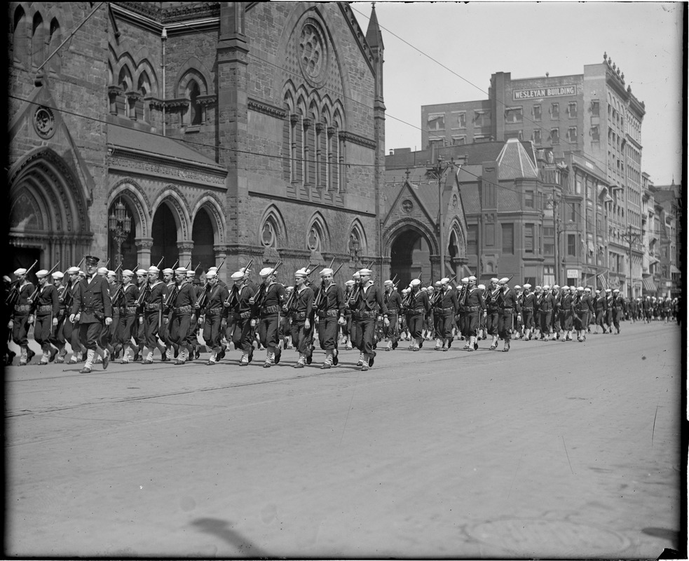 Sailors parade past new Old South Church on Boylston