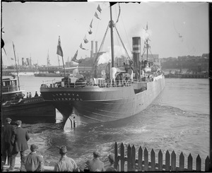Belgium relief ship SS Lynorta leaves Boston with food for starving Belgians