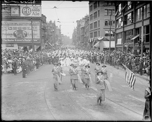 Parade in war days. Boston women marching Stuart St.(?) Park Square.