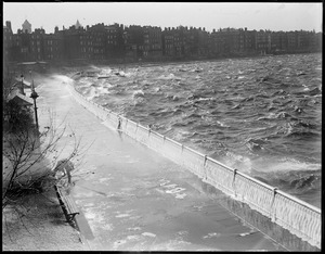 Rough water on the Charles batters Esplanade and the Back Bay