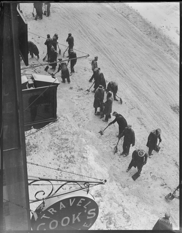 Removing snow by hand & horse in Boston