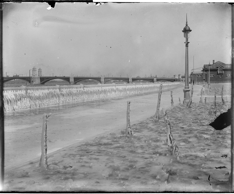 Ice encrusted esplanade, near Longfellow Bridge - Digital Commonwealth