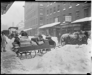 Horse-drawn sleigh for hauling goods, market district