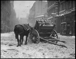 Street scenes - blizzard rouses havoc with a working horse near South Station, breaking shaft and dumping his load of snow