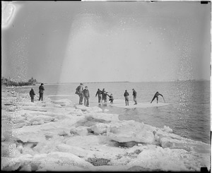 Boys riding ice cakes in Dorchester Bay