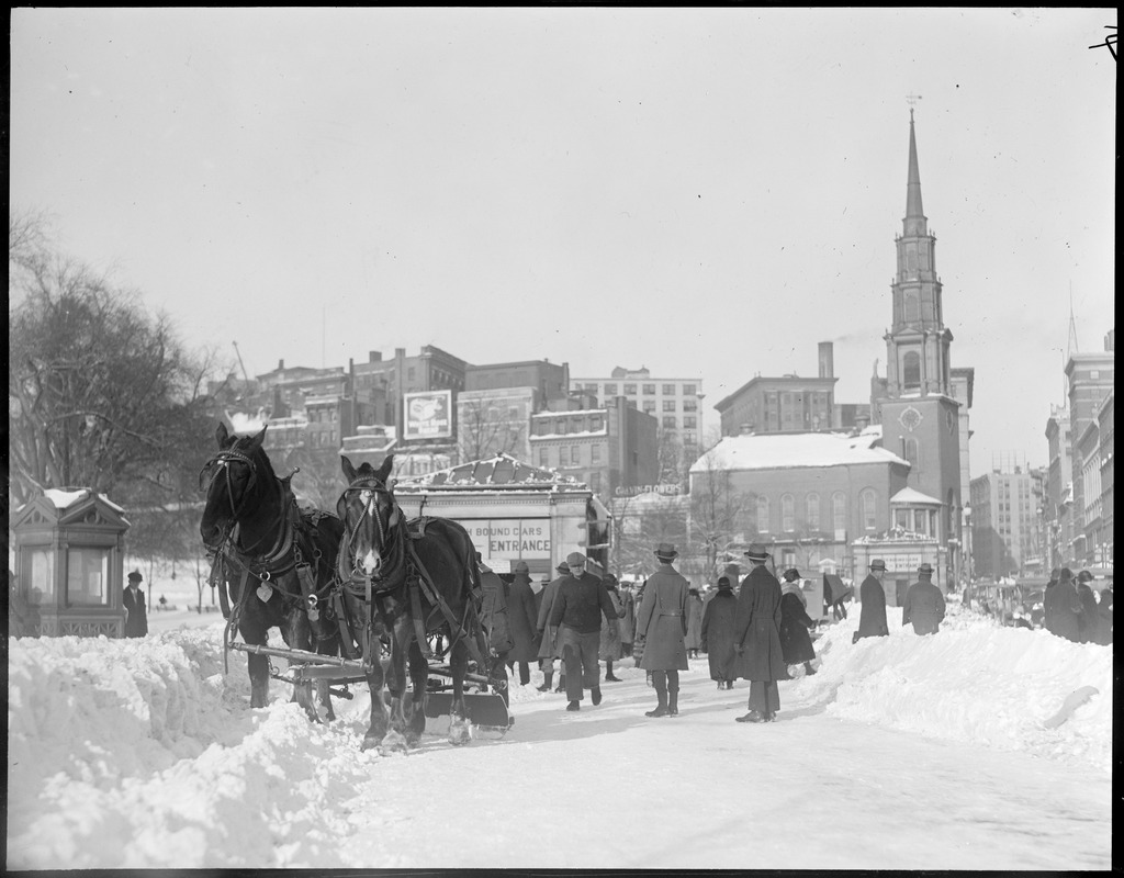 Team of horses plow snow on Tremont Street Mall