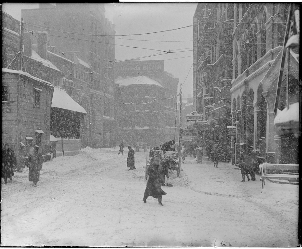 Remarkable snowstorm, big blizzard as it appeared on Scollay square