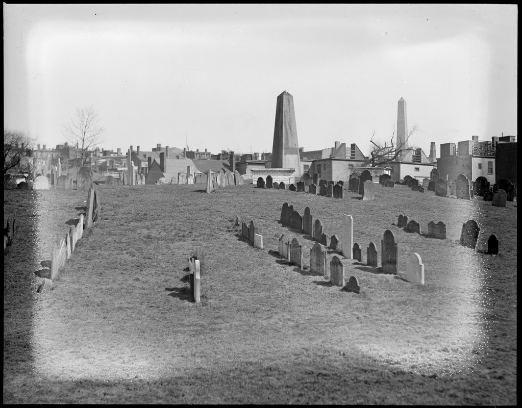 Obelisk over John Harvard's grave on right - Bunker Hill monument to left